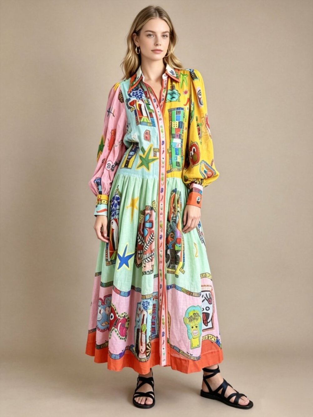 NWOT ALÉMAIS Ramie Balloon Sleeve Pleated Maxi Shirt Dress Long Sleeves Sz 8